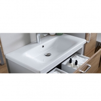 Set mobilier suspendat si lavoar Kolpasan, Evelin, 65 cm, front stejar si laterale gri